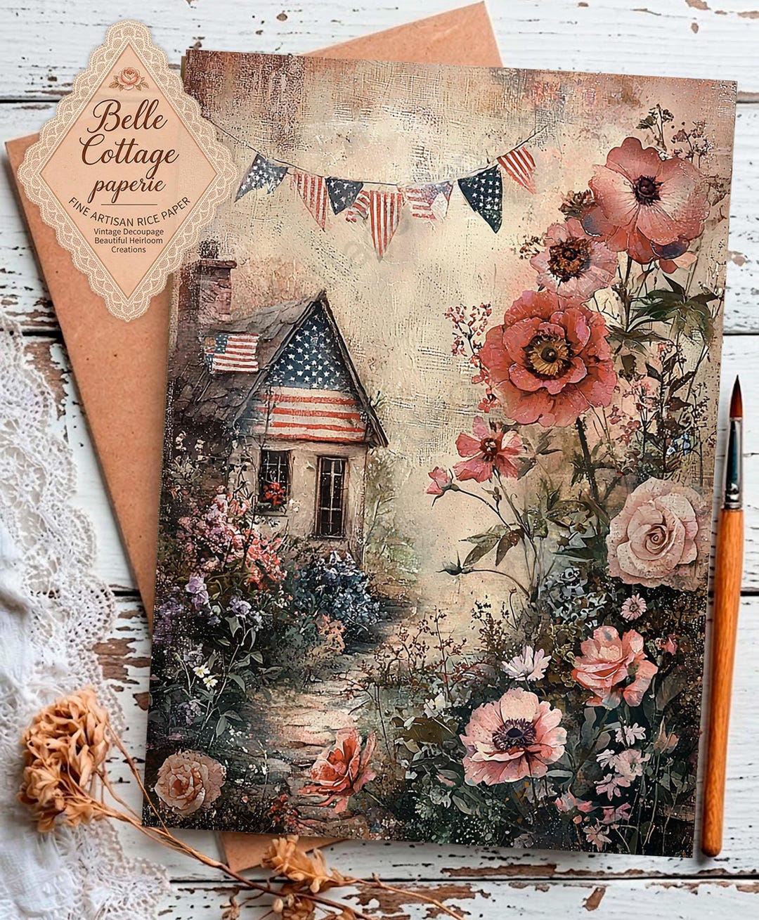 Patriotic Cottage Rice Paper A4, Vintage American Flag House Decoupage ...