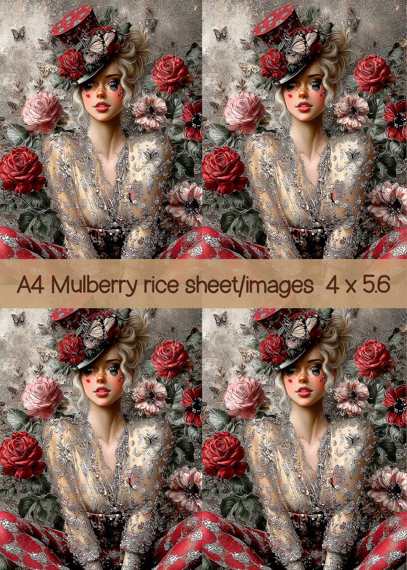 Harlequin Victorian Portrait Rice Paper - Romantic Red Rose & Butterfly ...
