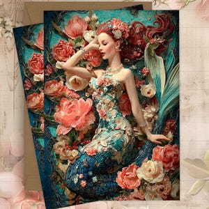 May include: Two art prints featuring a mermaid surrounded by flowers. The mermaid has red hair and is wearing a floral dress. The background is teal with pink and cream-colored flowers. The mermaid's tail is blue and green.