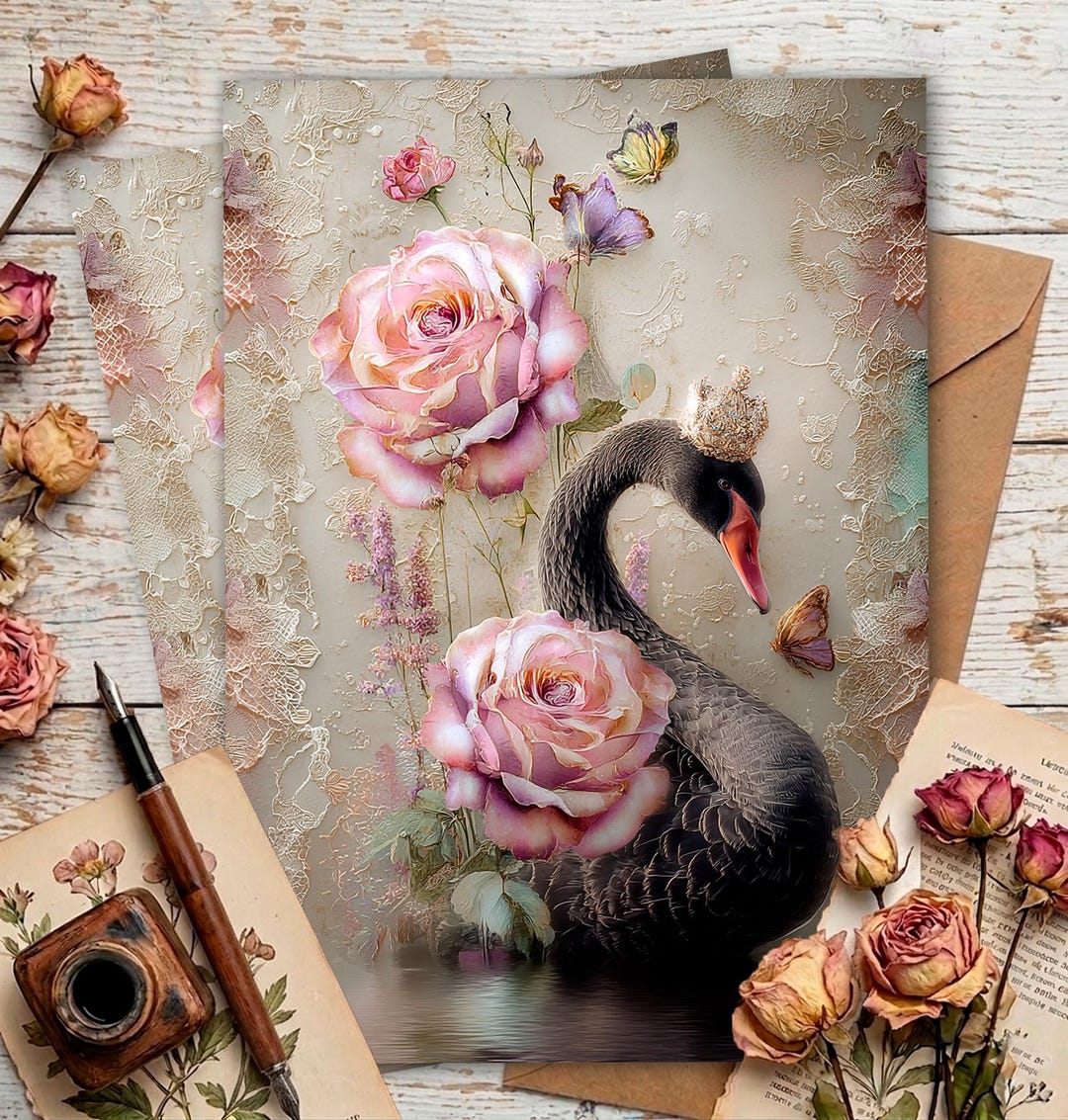 Pink Swan Rice Paper Elegant Black Swan & Pink Roses Rice Paper A4 – Gothic Romance Mulberry ...