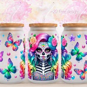 Catrina 16 Unzen Digital Wrap, 16 Unzen Blumenbecher Design, Sublimationsdesign, digitaler Download, Glitter Butterfly 16 Unzen Wrap, Neon-Catrina-Wrap