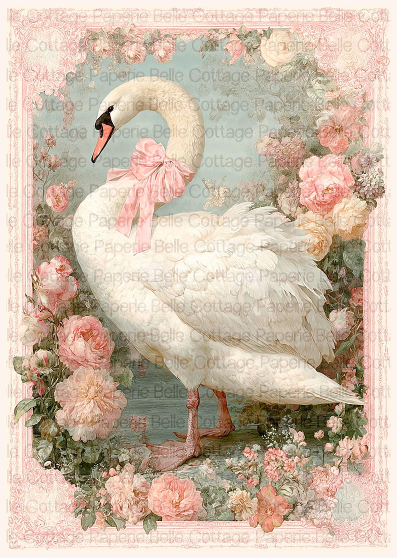 Pink Swan Rice Paper Romantic Swan Rice Paper Decoupage Sheet, Pink Cottagecore Bird Paper ...