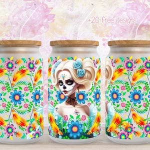 Mexikanisches Catrina 16 Unzen Wrap, 16 Unzen Floral Tumbler Design, Sublimationsdesign, digitaler Download, Catrina Floral Digital Wrap, Digital Wrap 16 Unze
