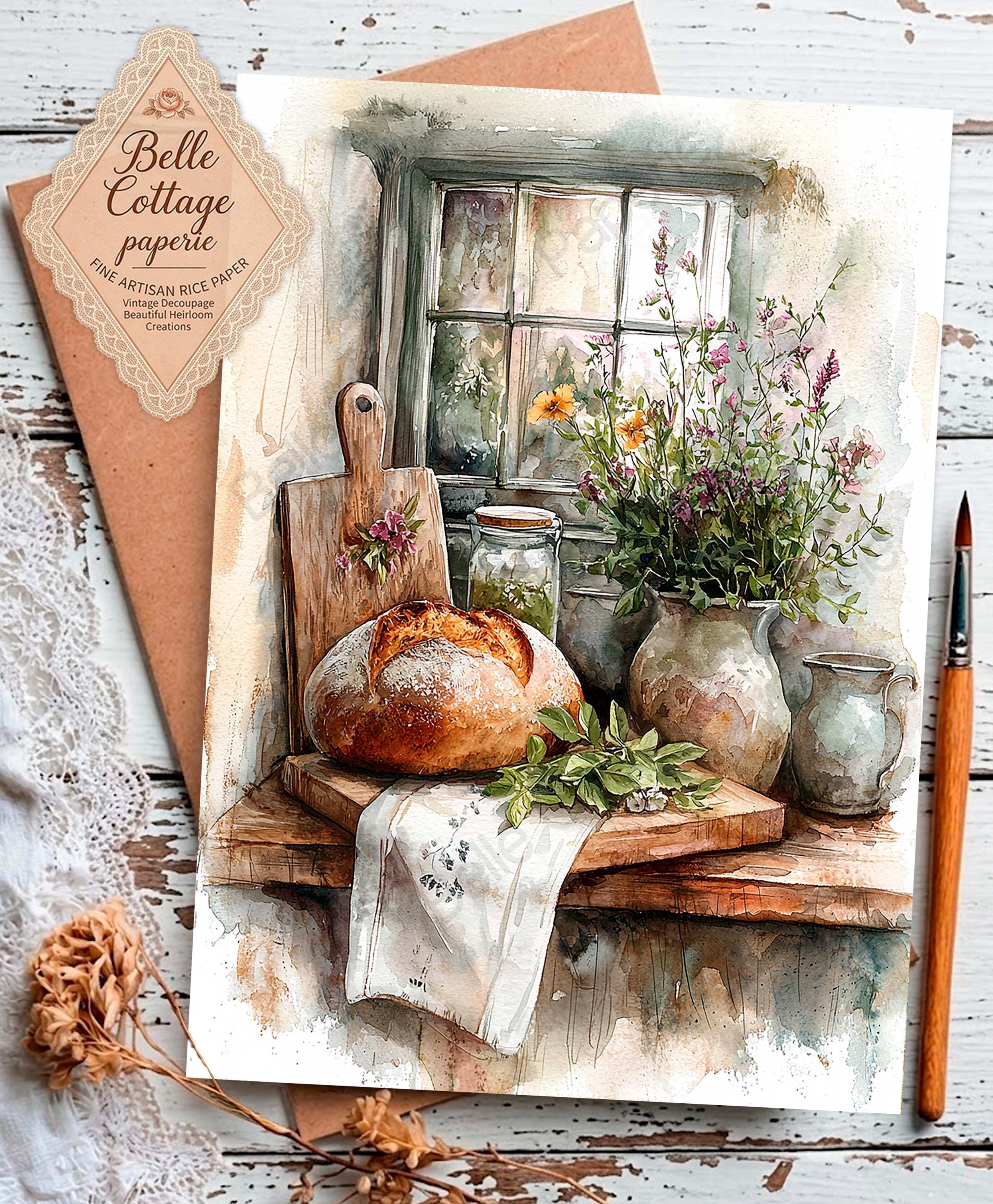 Decoupage Rice Paper - Rustic Bread and Wildflowers, Vintage Kitchen ...