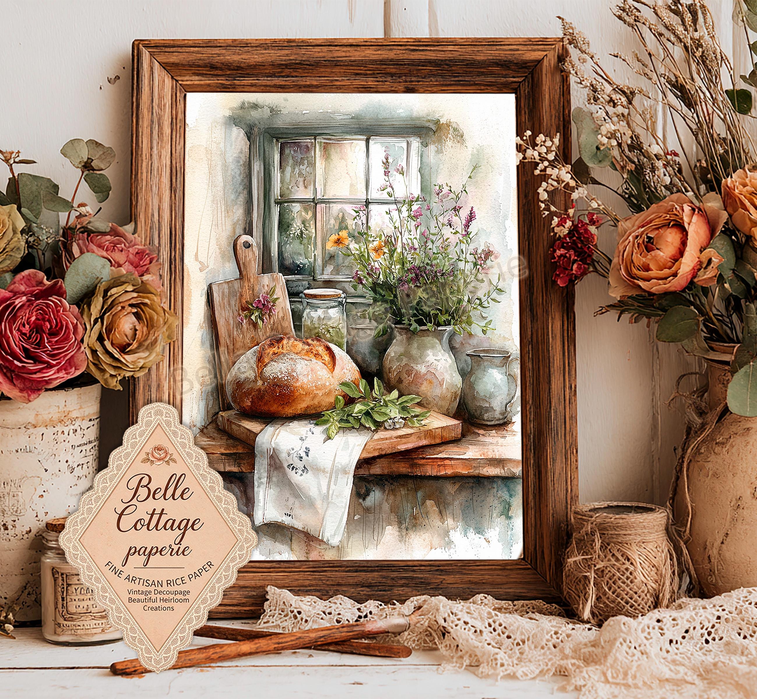 Decoupage Rice Paper - Rustic Bread and Wildflowers, Vintage Kitchen ...