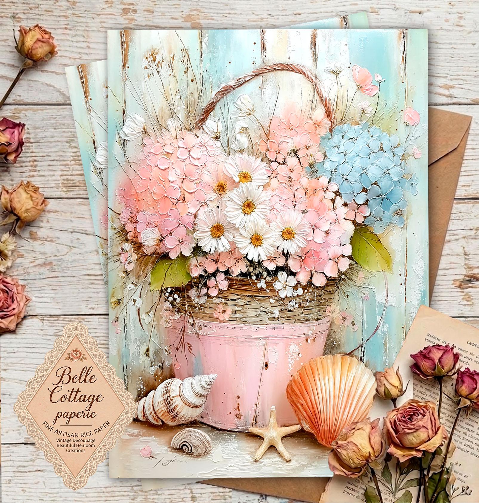 Hydrangea Rice Paper Vintage Coastal Bouquet Rice Paper, Seaside Hydrangea & Shells ...