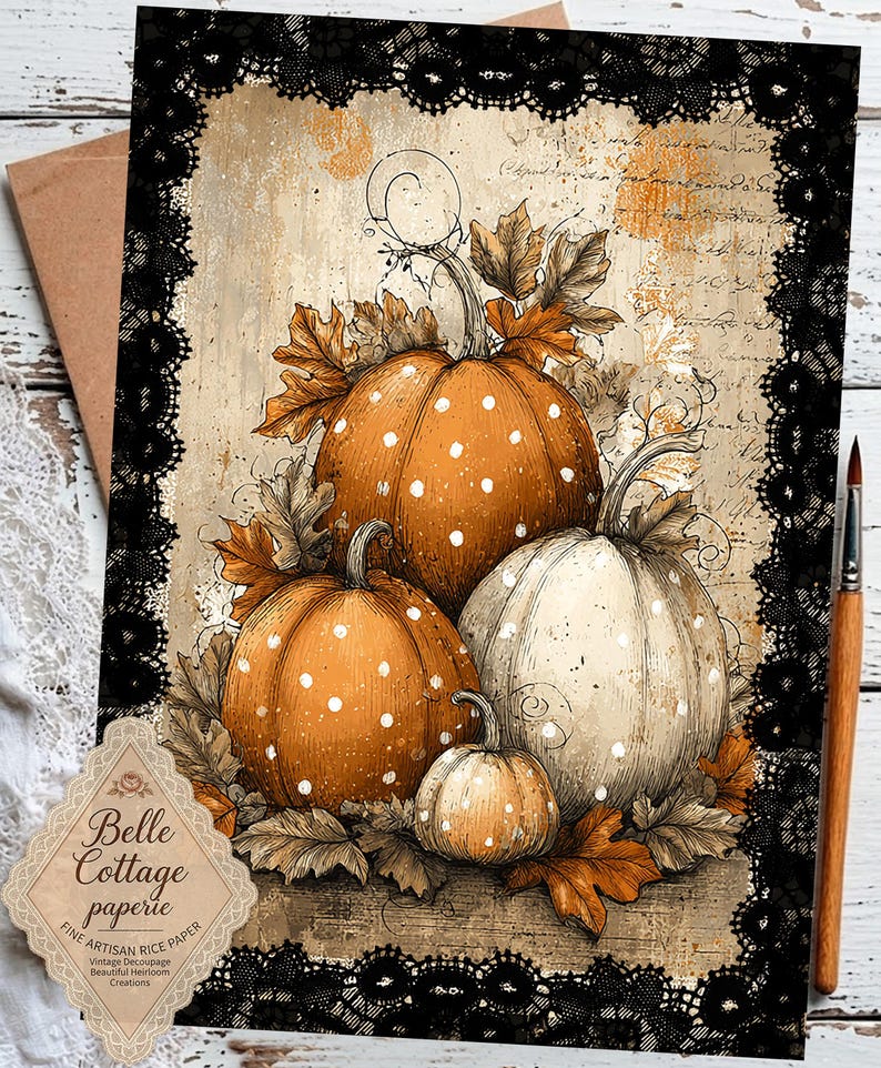 May include: A rectangular sheet of decoupage rice paper featuring a central illustration of three pumpkins with white polka dots, surrounded by autumn leaves. The design is framed by a black lace border and includes vintage script text.