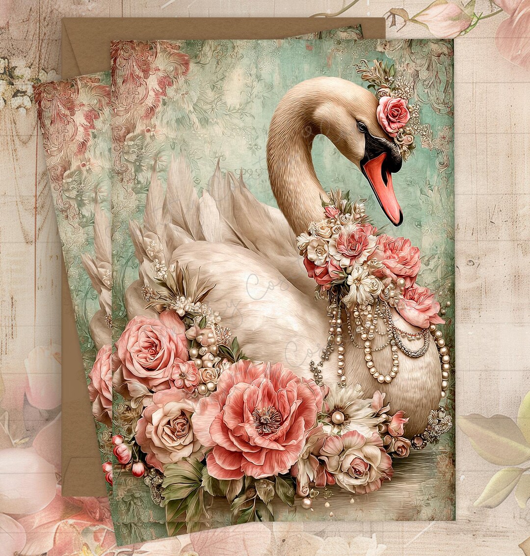 Pink Swan Rice Paper Vintage Graceful Swan Rice Paper for Decoupage A4, Romantic Pearls and ...
