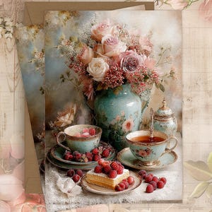 May include: A still life image featuring a teal vase filled with pink and white roses, a teacup and saucer, a slice of cake topped with raspberries, and a small dish of raspberries. The scene is set on a white lace tablecloth.