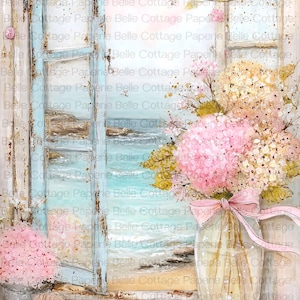 May include: Watercolor painting of a seaside scene with an open window. A vase of pink and yellow hydrangeas sits on a windowsill, tied with a pink ribbon. A seashell and small pebbles are scattered on the sill. The window frame is light blue.