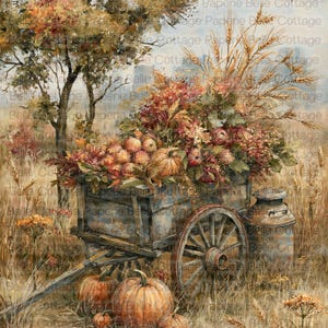May include: A rustic wooden cart filled with autumn harvest produce including pumpkins, apples, and wheat stalks, positioned in a field with a metal milk can nearby. The scene features fall foliage, dried grasses, and a tree under a soft sky.