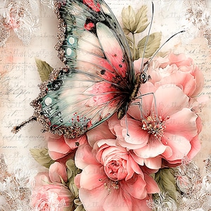 May include: A digital illustration of a butterfly with pink, blue, and brown wings perched on pink roses. The butterfly's wings have intricate details and a textured appearance. The background features a vintage-style design with script and lace.