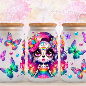 Catrina 16 Unzen Digital Wrap, 16 Unzen Blumenbecher Design, Sublimationsdesign, digitaler Download, Glitter Butterfly 16 Unzen Wrap, Neon-Catrina-Wrap