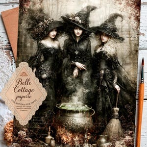 Witch Coven Rice Paper for Decoupage, Gothic Halloween Decor, Three Witches Cauldron Art, Dark Cottagecore Witchcraft, Mulberry Rice Paper image 2