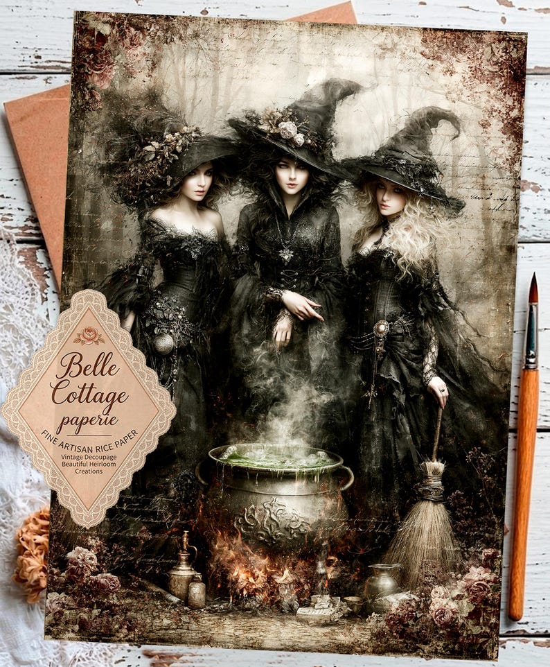 Witch Coven Rice Paper for Decoupage, Gothic Halloween Decor, Three Witches Cauldron Art, Dark Cottagecore Witchcraft, Mulberry Rice Paper image 2