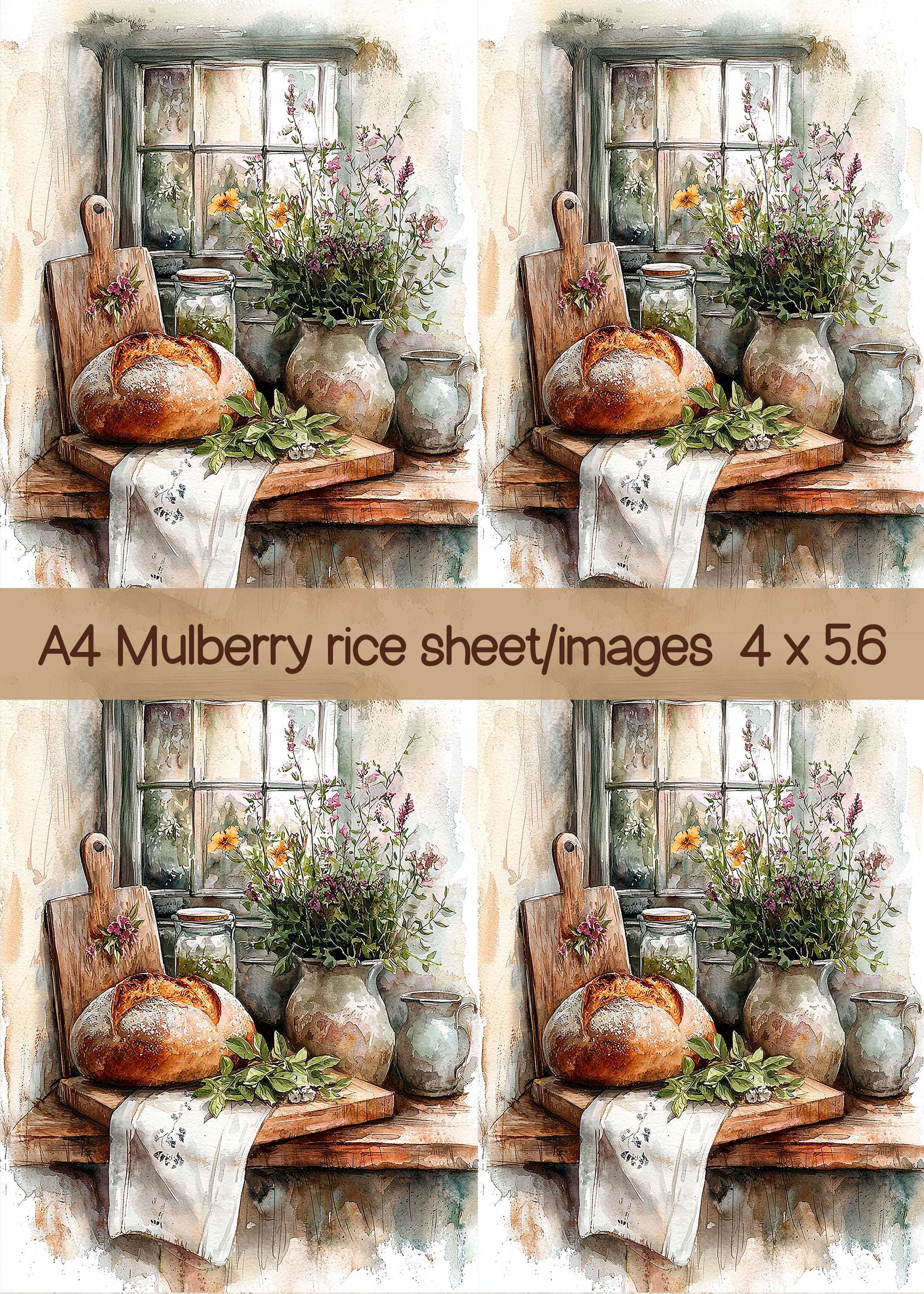 Decoupage Rice Paper - Rustic Bread and Wildflowers, Vintage Kitchen ...