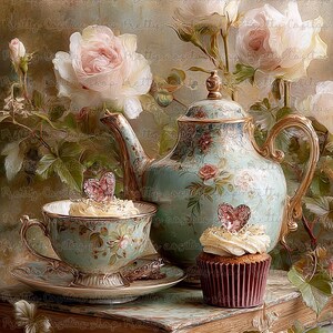 Vintage Teapot & Cupcake Rice Paper A4, Vintage Teatime Mulberry Paper, Artistic Texture – Sweet Treats Decoupage Sheet,Floral Belle Cottage