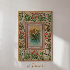 Pintura vintage de papagaios indianos, impressão de arte de pássaro mogol antigo, arte de parede islâmica, pôster em miniatura tradicional, pintura em miniatura de pássaros