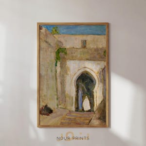 May include: A painting of a narrow, arched doorway in a building with a light blue sky in the background. The doorway is made of white stone and has a rounded arch. The building is made of a light brown stone and has a green vine growing up the side. The painting is done in a realistic style and has a warm, inviting feel.