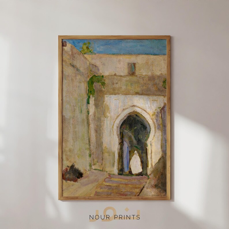 May include: A painting of a narrow, arched doorway in a building with a light blue sky in the background. The doorway is made of white stone and has a rounded arch. The building is made of a light brown stone and has a green vine growing up the side. The painting is done in a realistic style and has a warm, inviting feel.