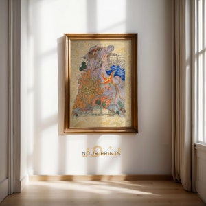 Antike persische Mythische Kunst, Zal gerettet durch den Simurgh, Shahnameh iranische Wandkunst traditionelle persische Miniature Poster, persische Kunstdruck