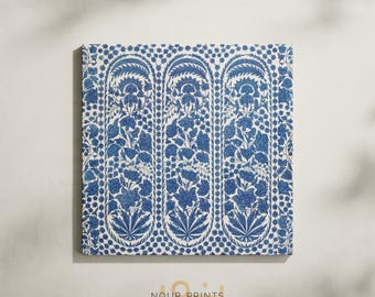 May include: Square canvas art print featuring a repeating floral pattern in shades of blue and white. The design includes stylized flowers and foliage within arched frames, set against a dotted background. The text "NOUR PRINTS" is at the bottom.