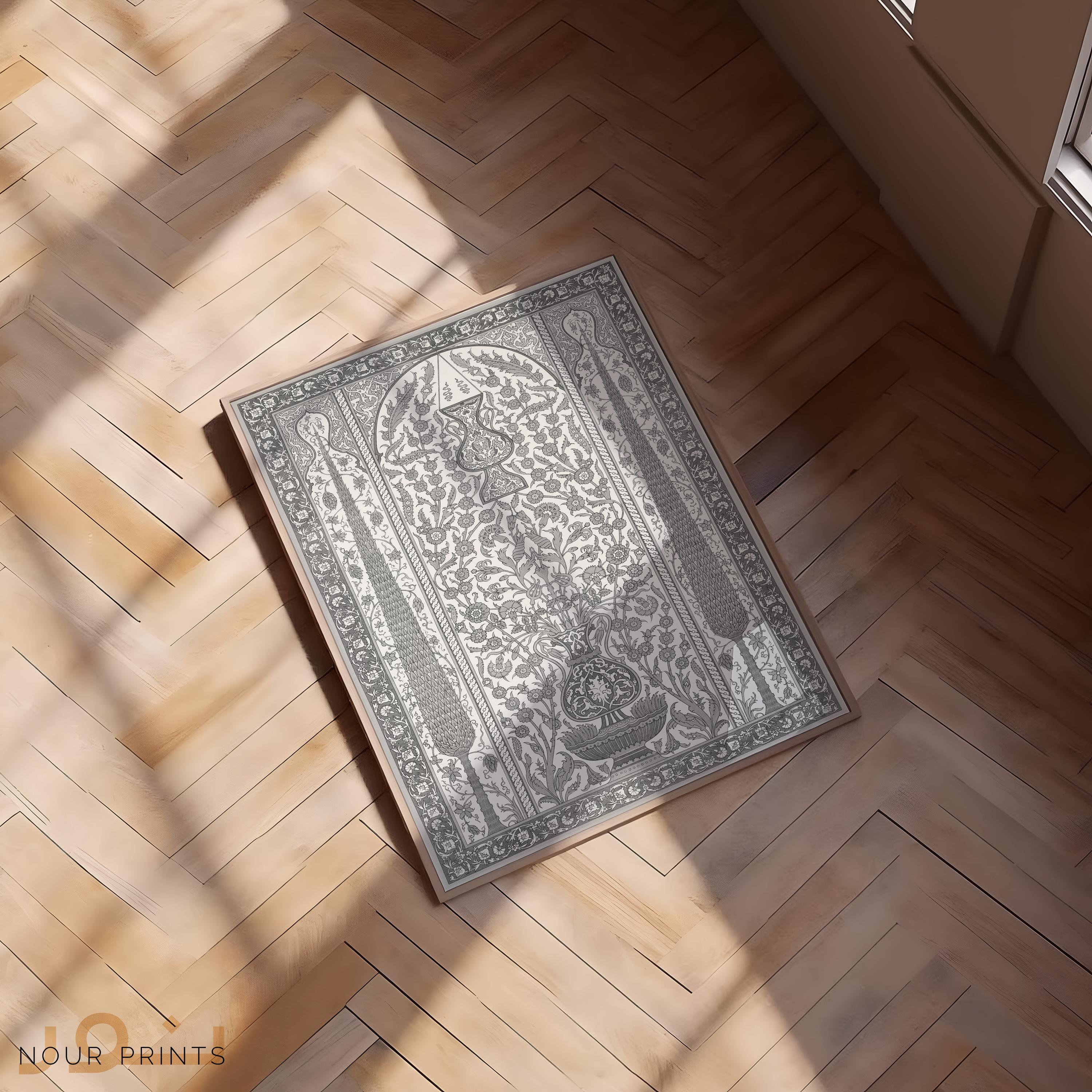 Japandi Islamic Wall Art, Ottoman Mihrab Iznik Tile Print, Neutral