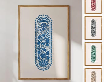 Niebieski indyjski kwiatowy wydruk ścienny, plakat z tekstyliami do dekoracji wnętrz w stylu desi, południowoazjatycka sztuka haftu, pakistańska sztuka – artystyczny druk giclée