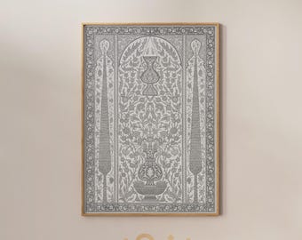 Japandi Islamic Wall Art, Ottoman Mihrab Iznik Tile Print, Neutral