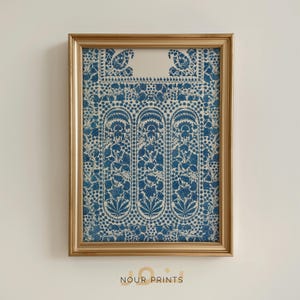 Indian Embroidery Printable Wall Art, Blue Floral Dacca Textile Print, Botanical Portrait Decor, Nancy Meyers Aesthetic - Digital Download