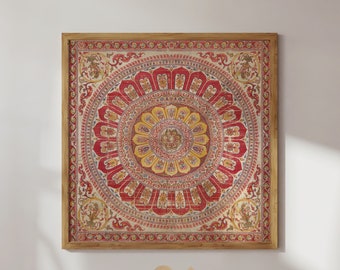 Indian Silk Art Printable, Mughal Lotus Canopy  Wall Art Print, Vintage Red Gold Tapestry Poster, Muslim Home Decor Gift - Digital Download