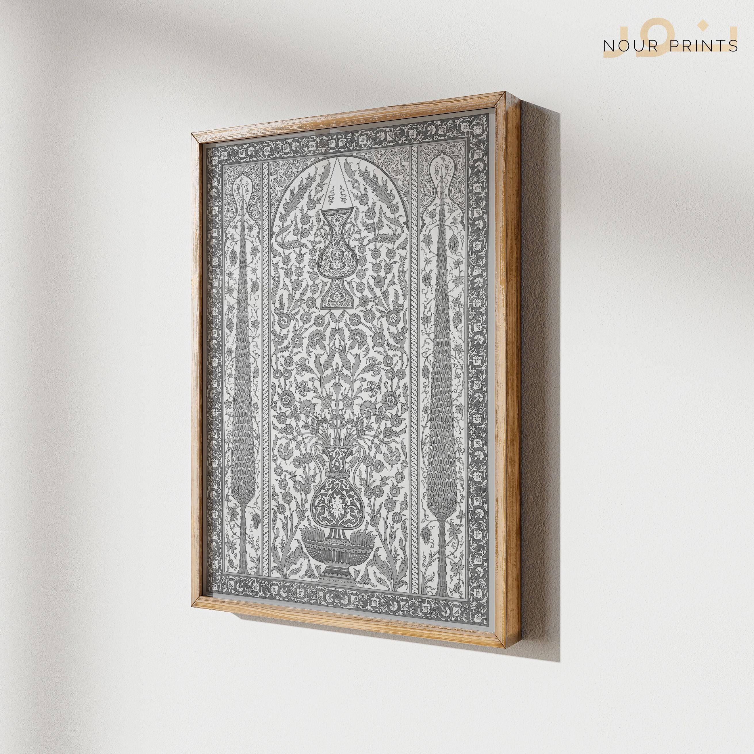 Japandi Islamic Wall Art, Ottoman Mihrab Iznik Tile Print, Neutral