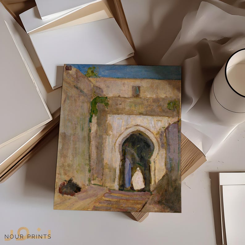May include: A painting of a narrow, arched doorway in a building with a light blue sky in the background. The doorway is made of stone and has a rounded arch. The building is painted in shades of brown, yellow, and white. The painting is done in a realistic style.