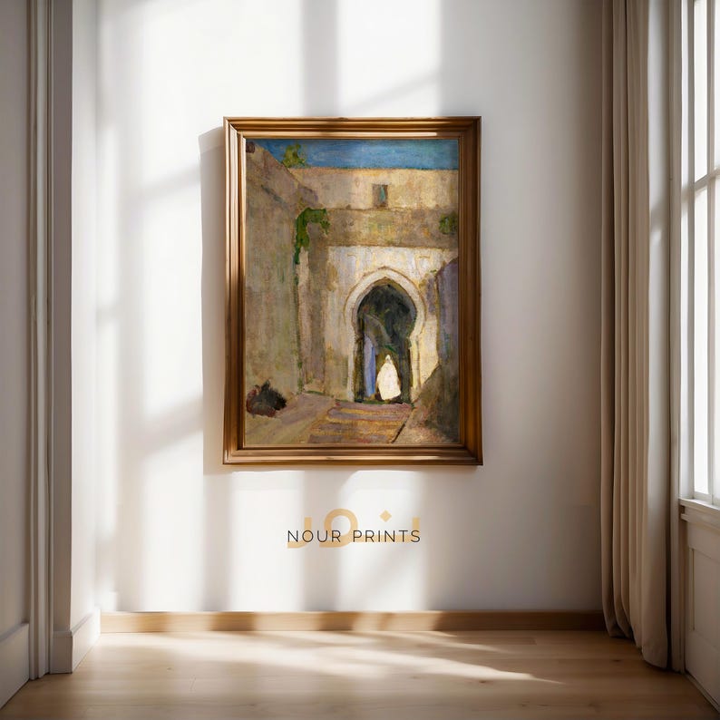 May include: A painting of a narrow, arched passageway in a city. The walls are painted in shades of yellow and brown, and the archway is painted in a light blue. The painting is framed in a gold frame.