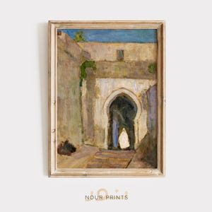 May include: A painting of a narrow, arched doorway in a building with a person in white walking through it. The building is painted in shades of brown, yellow, and green. The sky is blue.