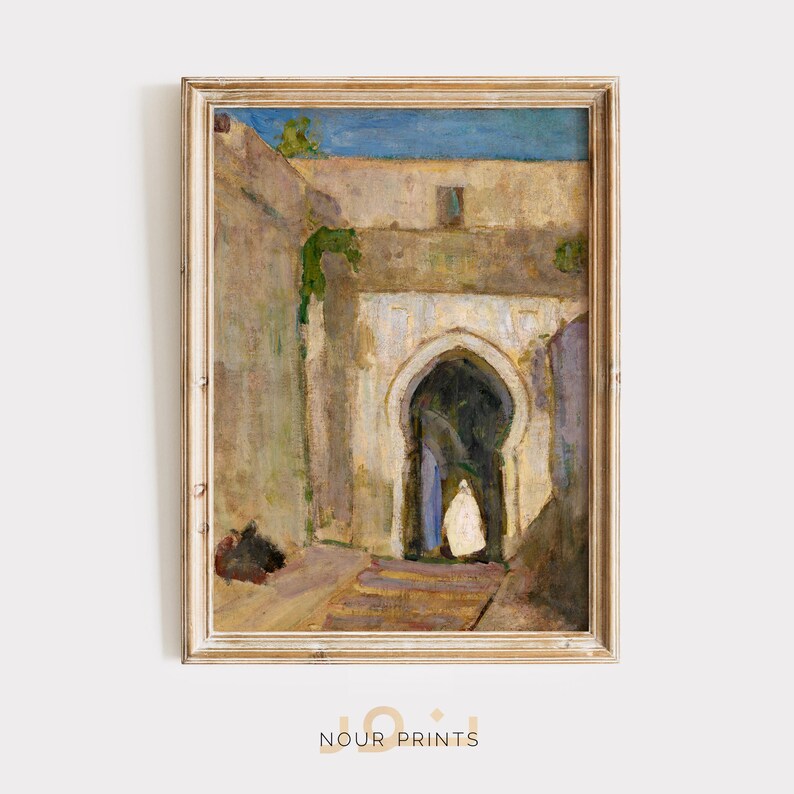 May include: A painting of a narrow, arched doorway in a building with a person in white walking through it. The building is painted in shades of brown, yellow, and green. The sky is blue.