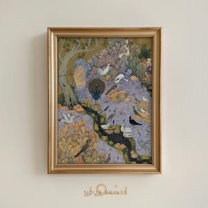 Arte persa imprimible, póster de pintura en miniatura "El Concurso de los Pájaros", arte mural islámico bohemio iraní - Descarga digital instantánea