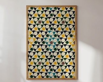 May include: A framed print with a geometric pattern in shades of blue, green, yellow, and brown. The pattern is made up of repeating stars and hexagons.