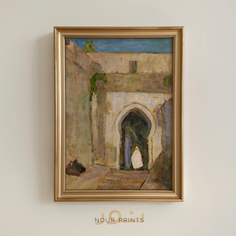 Moroccan Gateway Painting, Vintage Tangier Archway Wall Art, Wabi Sabi Morocco Print, Taupe Earthy Decor - Digital Download image 1