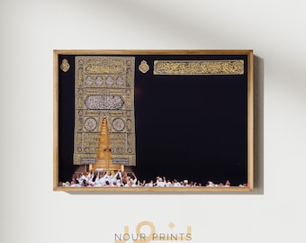 La Mecque de la Kaaba, art mural islamique, kabah de porte, kiswah de porte de Multazam Kaaba, impression d'art de la grande mosquée Masjid al-Haram, décoration islamique art musulman