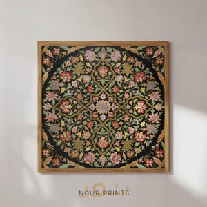 May include: A framed print of a black and gold mandala with intricate floral patterns in shades of red, pink, yellow, and green.
