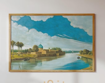 Iraq Tigris River Painting, Baghdad Poster, Teal Landscape Art Print, Vintage Iraqi Arabic Wall Art, Mesopotamia Decor - Digital Download