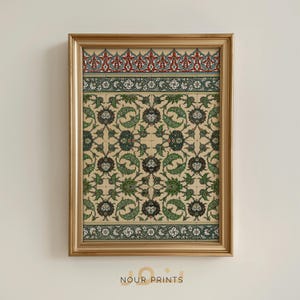 Arte mural imprimible con azulejos de la Mezquita de El Cairo, estampado arabesco otomano verde, decoración botánica islámica, hogar musulmán - Descarga digital