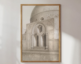 Mosque Illustration Printable Wall Art, Neutral Islamic Architecture Cairo, Vintage Mamluk Poster, Muslim Home Decor - Digital Download
