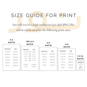 May include: A size guide for print sizes in inches and centimeters. The guide shows different aspect ratios, including 2:3, ISO 5:7, 3:4, 4:5, and 11:14. The guide also includes the standard paper sizes A1, A2, A3, A4, and A5.