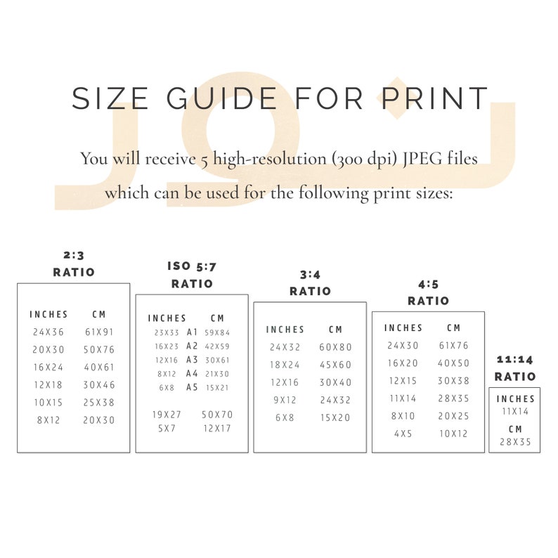 May include: A size guide for print sizes in inches and centimeters. The guide shows different aspect ratios, including 2:3, ISO 5:7, 3:4, 4:5, and 11:14. The guide also includes the standard paper sizes A1, A2, A3, A4, and A5.