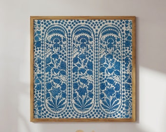 Blue Floral Textile Wall Art Printable, Vintage Indian Embroidery, Tapestry Boho Botanical Decor, Ramadan Eid Gift - Digital Download