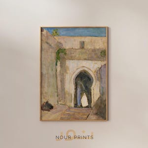 May include: A painting of a stone archway with a blue sky in the background. The archway is painted in shades of brown, beige, and white. The sky is painted in shades of blue and white.