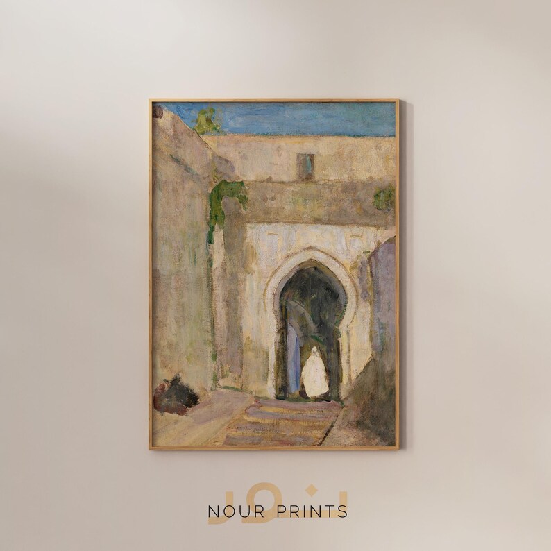 May include: A painting of a stone archway with a blue sky in the background. The archway is painted in shades of brown, beige, and white. The sky is painted in shades of blue and white.