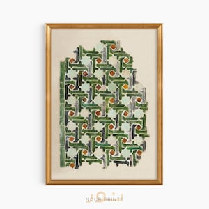 Lámina artística de azulejos de la Alhambra, póster de arte fino de mosaico español del siglo XIV, arte islámico geométrico verde, decoración andaluza - Impresión giclée
